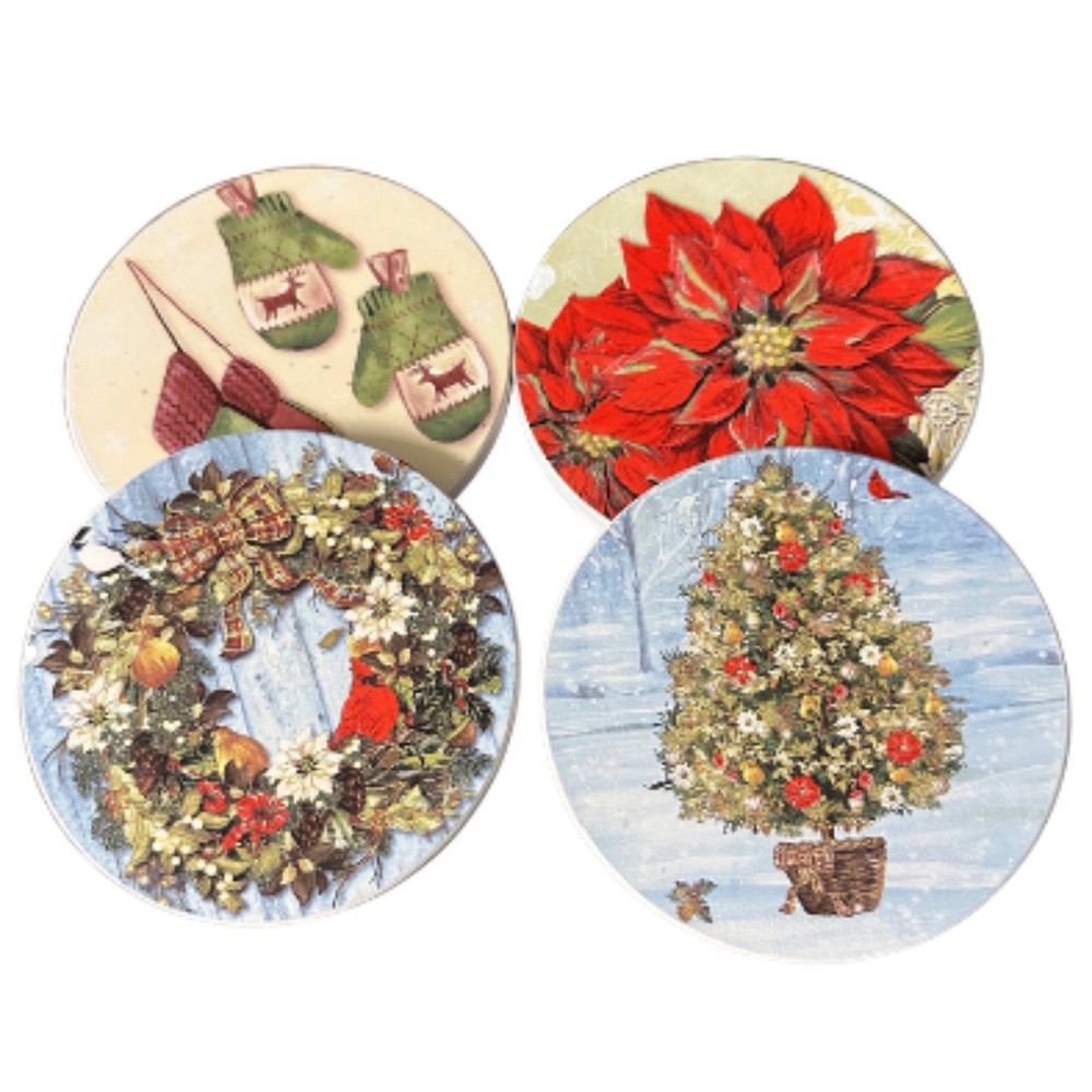 “Christmas Holiday Ceramic Coaster Set of 4 – Wreath, Tree, Mittens, Poinsettia”